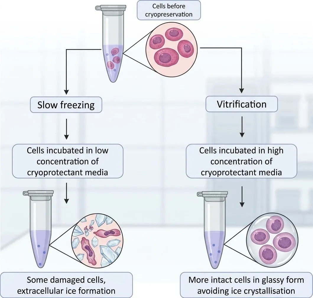 Slow freezing versus vitrification, and the state of the cells after each