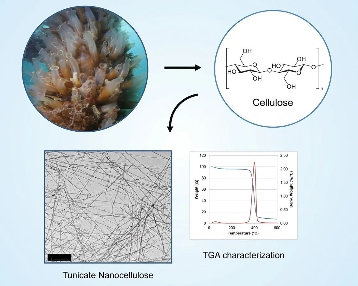 Tunicates, the cellulose repeat unit, a TEM of the extracted nanocrystals and their TGA trace