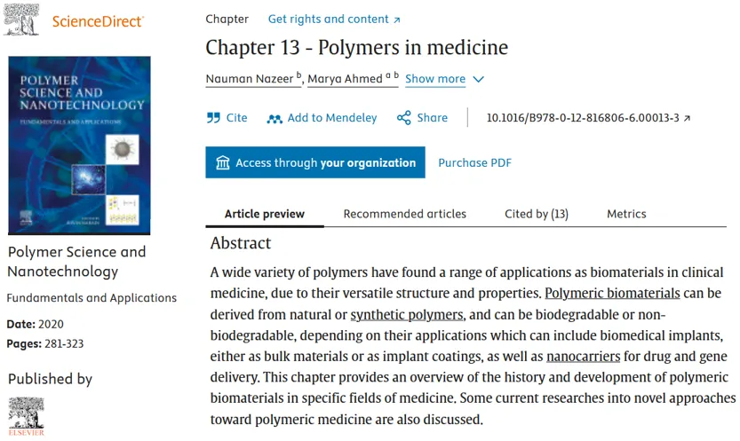 Book chapter — polymers, biomaterials, implants, drug delivery article page